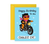 Cool Birthday Card - “To the Coolest Cat” - Greetings for Him, Her, Women, Men, Mum, Dad, Aunt, Uncle, Gran, Nana, Grandad, Brother - Biker Cat on Motorcycle -Comes with Stickers