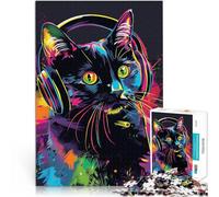 Cool Black Cat DJ Cat with Headphones1000 Piece Puzzle For Adults Brain Teaser Game for is ideal as a gift for the whole family 38x26cm