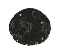 Cool Black Gold Dragon Print Shower Caps for Women, Reusable Double Layers Elastic Band Long Hair Bath Caps for Shower
