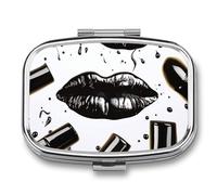 Cool Black Lipstick Lips pilldispenser with Mirror 2 Compartments Waterproof PillCase for Purse Pocket Non-Slip Grip Travel Medicine Organizer Container Box for Vitamin Fish Oil Supplement