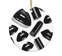 Cool Black Lipstick Lips Print Christmas Decorations Santa Xmas Tree Ceramic Round Hanging Keepsake Gifts Holiday