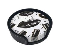 Cool Black Lipstick Lips Print Coasters For Drinks Set Of 6 Leather Heat-Resistant Coasters Personalized Cup Mat Pad For Kitchen Office Decor