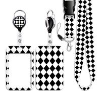 Cool Black & White ID Card Holder Lanyard Checked Retractable Heavy Duty Badge Reel Clip Cute Breakaway Keychain Lanyard for Keys & ID Badge for Women Girls Men Nurses Teens Preppy School ID Holder