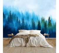 Cool Blue Panoramic Custom Wallpaper Mural, Non-Woven Premium Watercolor Realistic Forest Print Wallpaper Mural Poster Decoration 138 x 101 inch (W x H) for Bedroom Living Room Corridor