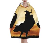 Cool Bull Riding Print Flannel Blanket Hoodie, Oversized Blanket Hoodie For Adults, Wearable Hooded Sweatshirt With Pocket For Teenagers