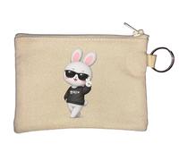 Cool Bunny Making Peace Sign Key Chain Coin Purse Beige