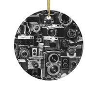 Cool Camera Collection Christmas Ceramic Ornament,Double-Sided Printed Round Bauble With Gold String,Unique Dual-Face Design For Xmas Tree Home Festive Decor