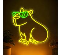 Cool Capybara Neon Sign Cute Animal Neon Light Yellow Green LED Signs for Wall Dimmable USB Powered Cartoon Bedroom Children's Room Party Birthday 11.02”X15.74”