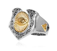 Cool Carved Vintage Eye of God Adjustable Ring for Men Retro Two Tone Gold Silver Biker Punk Illuminati All Seeing Eye Goth Priate Jewelry Biker Accessories