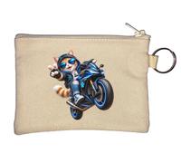 Cool cat Doing a Motorcycle Wheelie Key Chain Coin Purse Beige