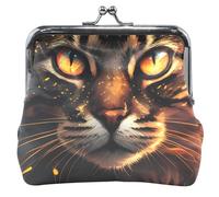 Cool Cat Face Glowing Eyes Dark Cute Coin Purse for Women Leather Kiss Lock Buckle Change Bag Card Pouch, Cool Cat Face Glowing Eyes Dark, Classic