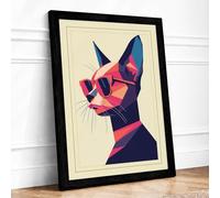 Cool Cat Geometric Art Deco Framed Wall Art Print A4 (29.7×21cm) Black, Wall Decor for Living Room, Bedroom, Office & Home, Ready to Hang, Art Gift