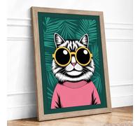 Cool Cat in Shades Modern Framed Wall Art Print A2 (59.4×42cm) Oak, Wall Decor for Living Room, Bedroom, Office & Home, Ready to Hang, Art Gift