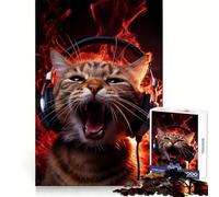 Cool Cat Listen to Music 1000 Pieces Jigsaws Adults Puzzles Strong Memory, Precise Joint, Joyful Challenge, Room Art (38x26cm)