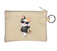 Cool Cat Making Peace Sign Key Chain Coin Purse Beige