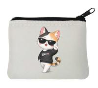 Cool Cat Making Peace Sign Neoprene Coin Purse Pouch 10x11cm White