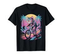 Cool Cat Riding Bicycle Synthwave 80s Retro Sunset Vibes T-Shirt