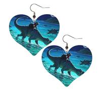 Cool Cat Riding Dinosaur Blue Blue Green Ocean Leather Earrings for Women Heart Earring Lightweight Dangle Drop Earring Set Jewelry Gift, One Size, No Gemstone
