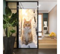 Cool Cat Stained Glass Window Film Modern Sunshine Snow Kitten Privacy Window Film Glass Door Covering Non-Adhesive Window Stickers for Bathroom Kitchen 17.7Wx23.6L inch
