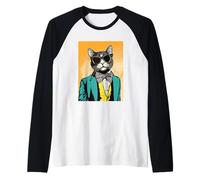 Cool Cat Wearing Suit And Bowtie Retro Or Vintage Style Raglan Baseball Tee