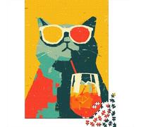 Cool Cat with Cocktail Art Jigsaw Puzzle 1000 Pieces for Cat Room Decor, 52x38cm/1000pcs