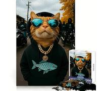 Cool Cat with Motorcycle Gang Jigsaw for Teenagers 1000 Pieces Brain Power, Clean Cut, Fun Challenge, (38x26cm)