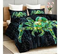 Cool Coverless Duvet with Matching Pillow Case, Washable Soft Microfiber Lightweight Quilt Set Single 135 x 200 cm, Spider Animals Neon Reversible All Year Summer Bedding Set, Blue