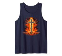 Cool Cross with Flames and Fire for Church Lovers Tank Top, Men, Navy Blue, Medium