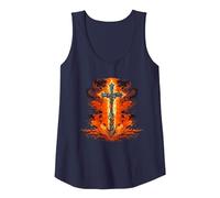 Cool Cross with Flames and Fire for Church Lovers Tank Top, Women, Navy Blue, X-Large
