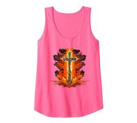 Cool Cross with Flames and Fire for Church Lovers Tank Top, Women, Neon Pink, Large