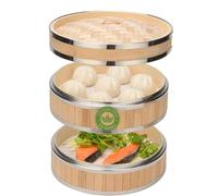COOL DESIGN Reinforced Bamboo Steamer, Bamboo Steamer with 18cm Stainless Steel Rings, Double Basket, with Reusable Silicone Mesh, the Strongest Bamboo Steamer
