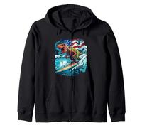 Cool Dinosaur Surfer Celebrating America Zip Hoodie