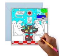 Cool DIY Colouring Birthday Card - Retro Diner Animals Design - Personalized Presents for Friends, Dad, Mum, Colleagues, Wife, Husband, Him, Her - Creative and Memorable- Includes Envelope