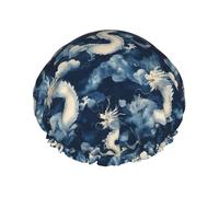 Cool Dragon Blue Print Shower Caps for Women, Reusable Double Layers Elastic Band Long Hair Bath Caps for Shower