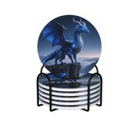 Cool Dragon Standing on The Cliff Edge Coasters for Drinks,Absorbent Ceramic Coasters Set of 6 with Cork Base,Funny Cup Beverage Coaster with Holder Drink Coaster Cup Mat Pad for Tabletop Protection