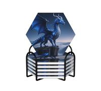 Cool Dragon Standing on The Cliff Edge Coasters for Drinks,Absorbent Ceramic Coasters Set of 6 with Cork Base,Funny Cup Beverage Coaster with Holder Drink Coaster Cup Mat Pad for Tabletop Protection