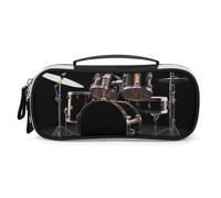 Cool Drum Set Pencil Case with Handle, Large Capacity PU Leather Pencil Bag Office Organizer, Portable Cosmetic Bag for Travel, Home