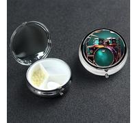 Cool Drum Set Pill Box with Mirror 3 Compartment Decorative Pill Case for Purse or Pocket Small Round Pill Organizer Weekly Metal Medicine Tablet Vitamin Holder Travel Gift