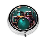 Cool Drum Set Pill Box with Mirror, 3 Compartment Small Pill Case for Purse Or Pocket Mini Metal Pill Holder Travel Weekly Medicine Tablet Vitamin Holder Organizer Travel Gifts