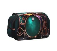 Cool Drum Set Print Double Clamshell Pen Case, Zipper Pockets, Large Capacity For Art Supplies & Travel