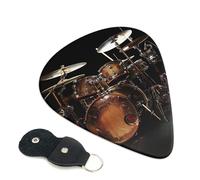 Cool Drum Set Printed Guitar Picks, 6 Pack with Leather Keychain Pick Holder - 0.46mm, 0.71mm, 0.96mm Assorted Thickness for Acoustic Ukulele, Electric Guitar, Acoustic Guitar, Bass