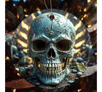 Cool Evil Skull Ceramic Christmas Ornaments - 4 Pcs Rustic Round Xma Tree Decor with Hanging String, Personalized Vintage Double-Sided Holiday Party Decorations for Xmas Gifts