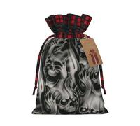 Cool Evil Skull Christmas Drawstring Linen Gift Bag Paired With Scottish Plaid Fabric, With A Delicate And Simple Texture