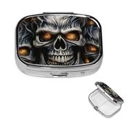 Cool Evil Skull Pill Box with Mirror, 2 Compartment Small Pill Case for Purse Or Pocket Mini Metal Pill Holder Travel Weekly Medicine Tablet Vitamin Holder Organizer Travel Gifts
