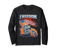 Cool Flaming Skeleton Patriot Riding Motorcycle Graphic Long Sleeve T-Shirt