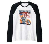 Cool Flaming Skeleton Patriot Riding Motorcycle Graphic Raglan Baseball Tee