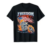 Cool Flaming Skeleton Patriot Riding Motorcycle Graphic T-Shirt