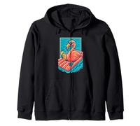 Cool Flamingo Floating with Drink Summer Vibes Zip Hoodie