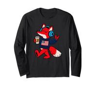 Cool Fox Headphones Coffee American Flag Music Art Long Sleeve T-Shirt