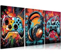 Cool Gaming Wall Art Retro Style Colorful Neon Gamepad Watercolor Poster Canvas Pictures for Boys Room Kids Room Play Bedroom Ready to Hang 40.6 x 61 cm 3 Pieces